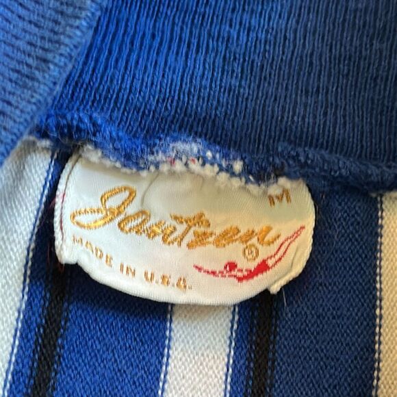 Vintage 60s Jantzen Navy & White Vertical Striped Sleeveless Top with Ribbed Hem - Picture 6 of 7